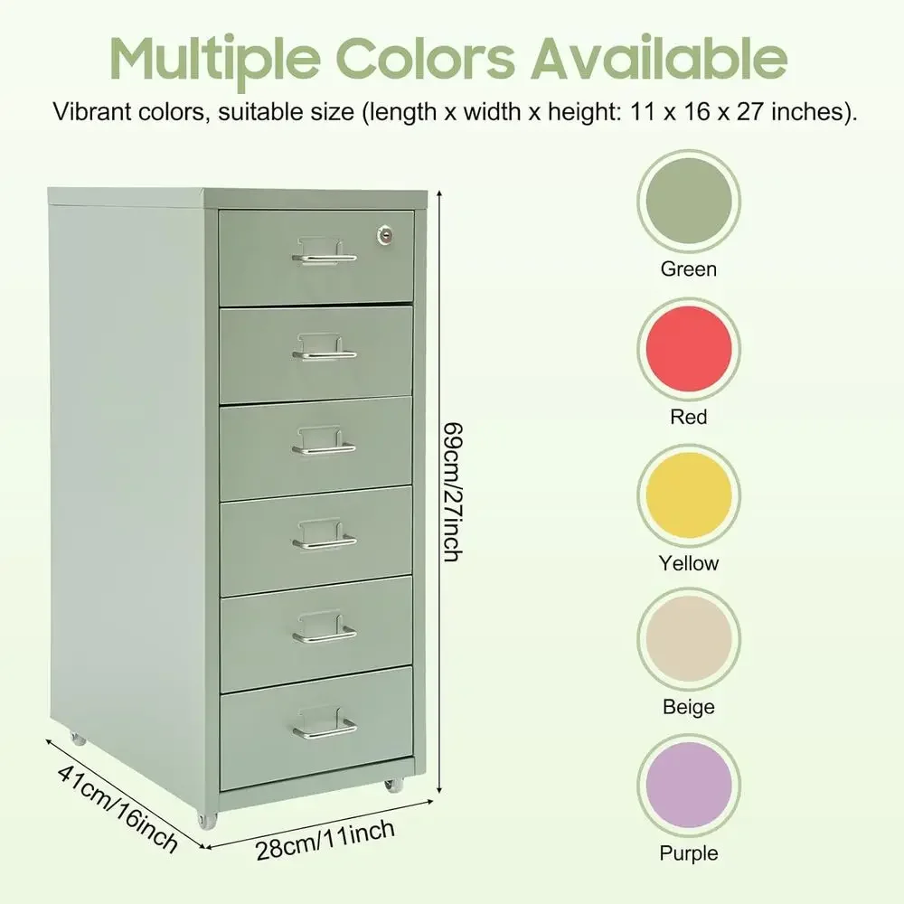 6-Tier Lockable Rolling Storage Cabinet for Home or Office, Green