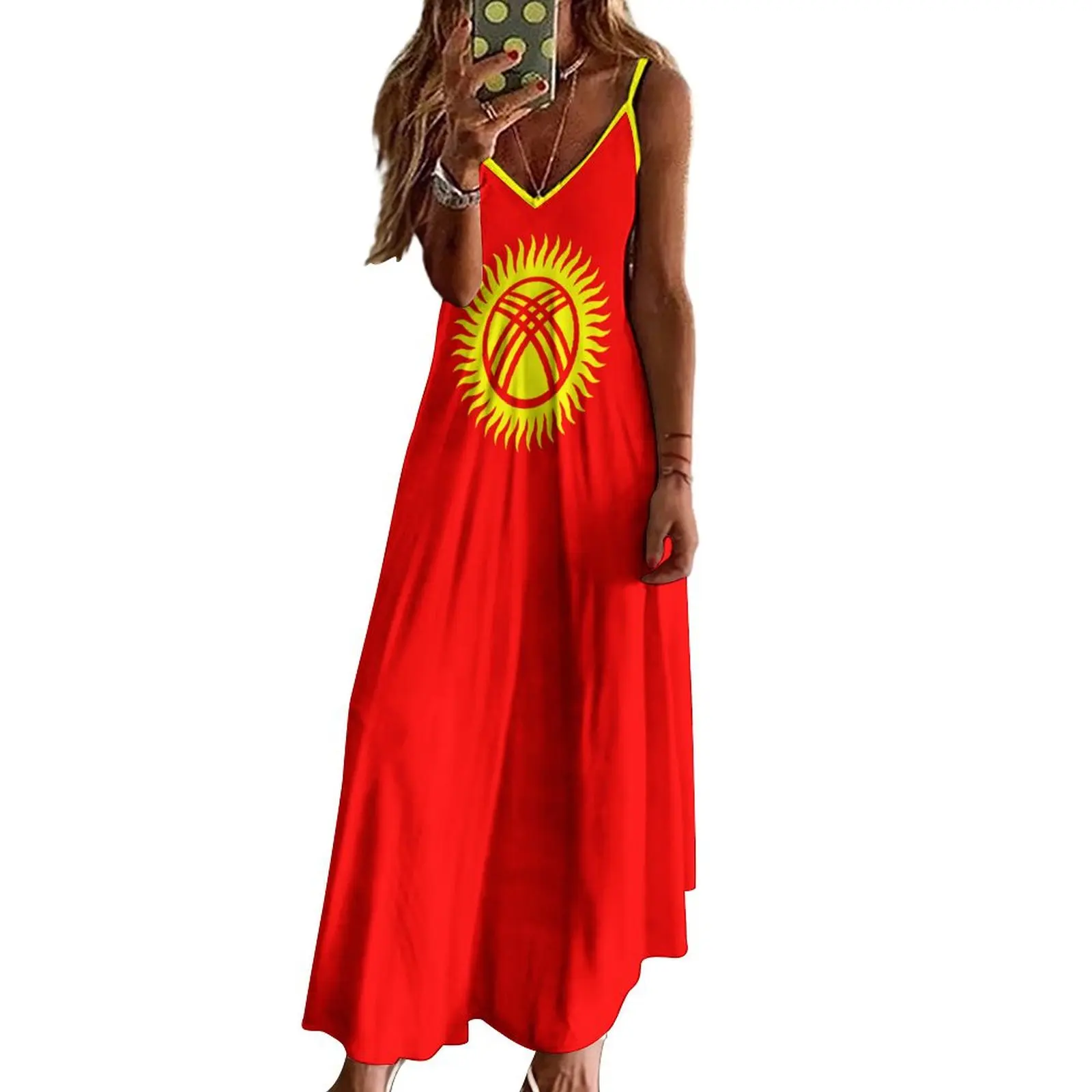 Long Dresses Dress Kyrgyzstan Flag Print New Casual Sleeveless Women's V-Neck Printed Dress Swing Retro Dresses