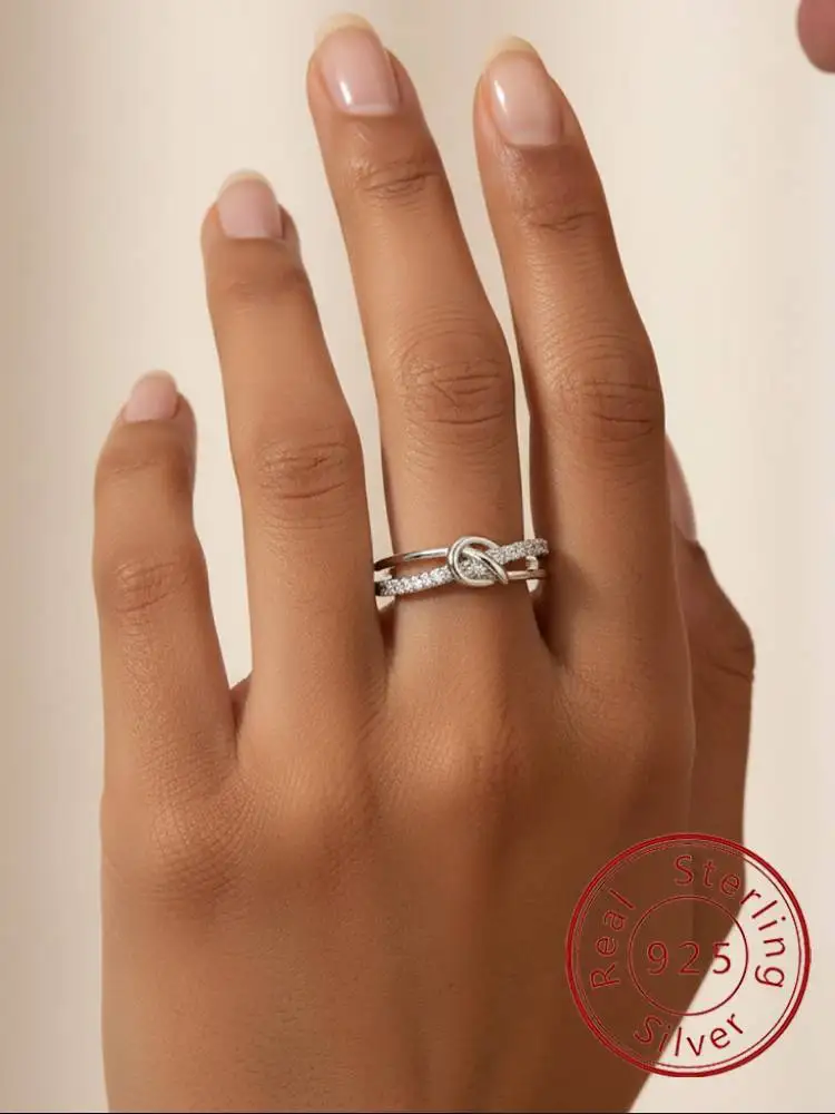 

Двухслойное кольцо из стерлингового серебра 925 пробы с узлом, комплект колец с цирконом для женщин, юбилей, свадьба, высокое качество, ювелирные изделия, подарки