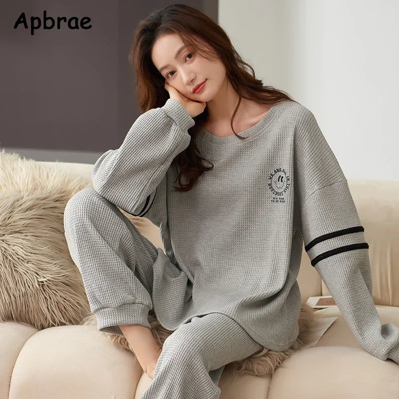 Autumn Winter Waffle Cotton Women\'s Pajamas Long Sleeves Pajama Sets Fashion Female Pijamas O-Neck Leisure Loungewear Women