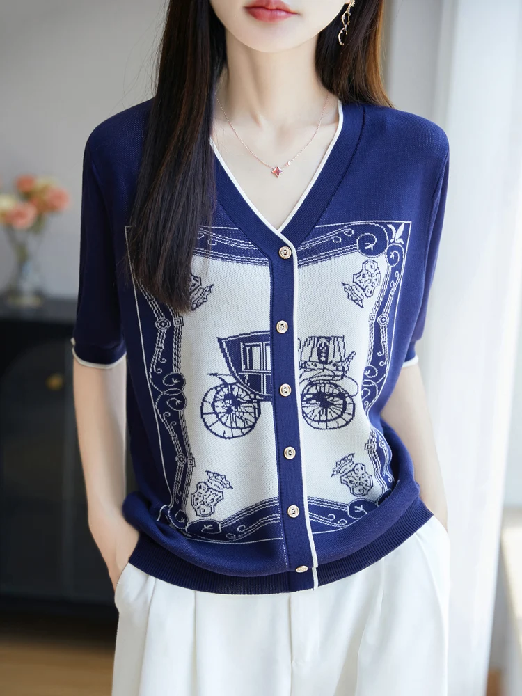 Nueva camiseta de moda de verano para mujer, Jersey fino y suave de punto para mujer, ropa de Lyocell de media manga, camisetas informales, blusas suaves