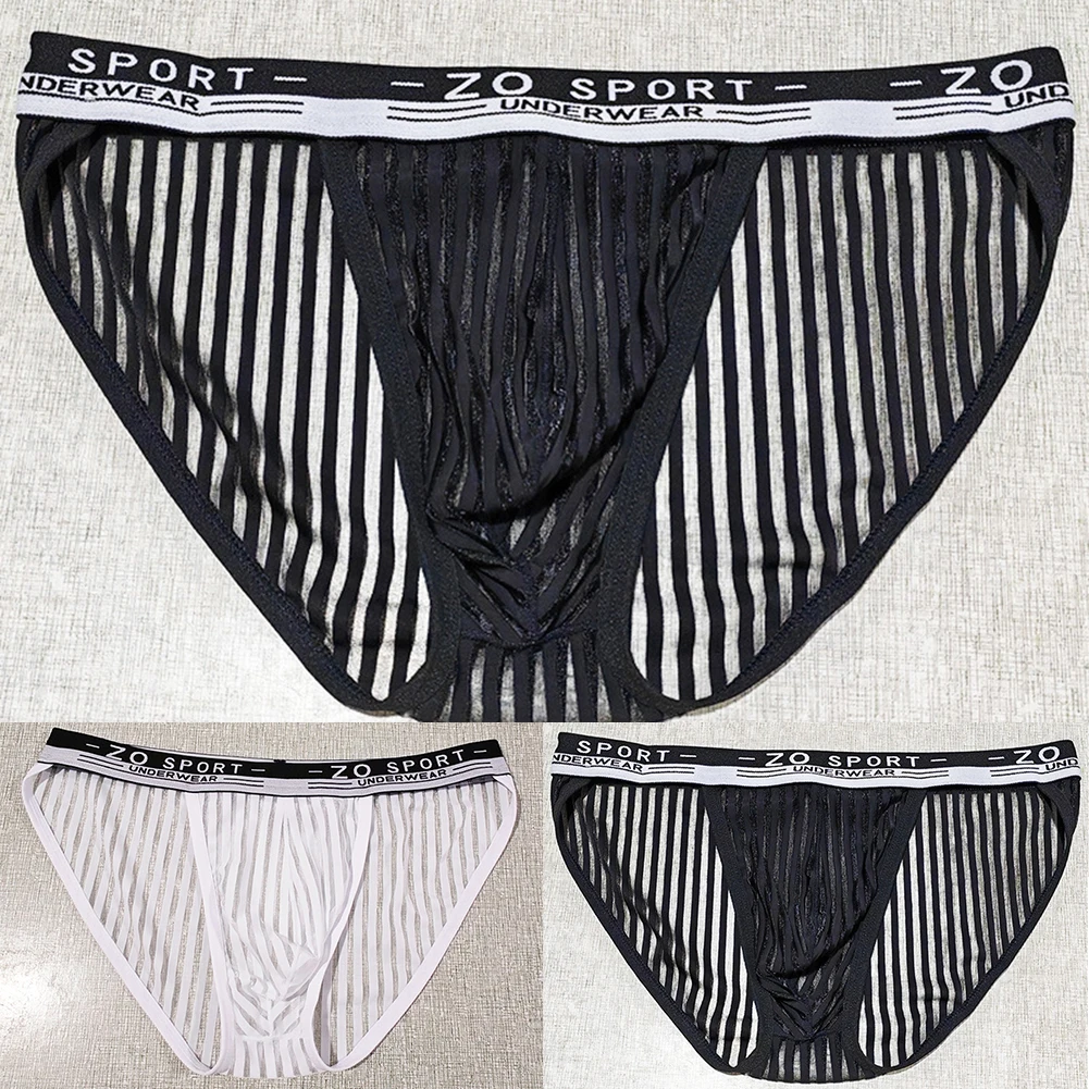 

Sexy Perspective Men Mesh Fashion Striped Briefs Underwear Ice Silk Ultrathin Quick Drying Panties U Convex Pouch
