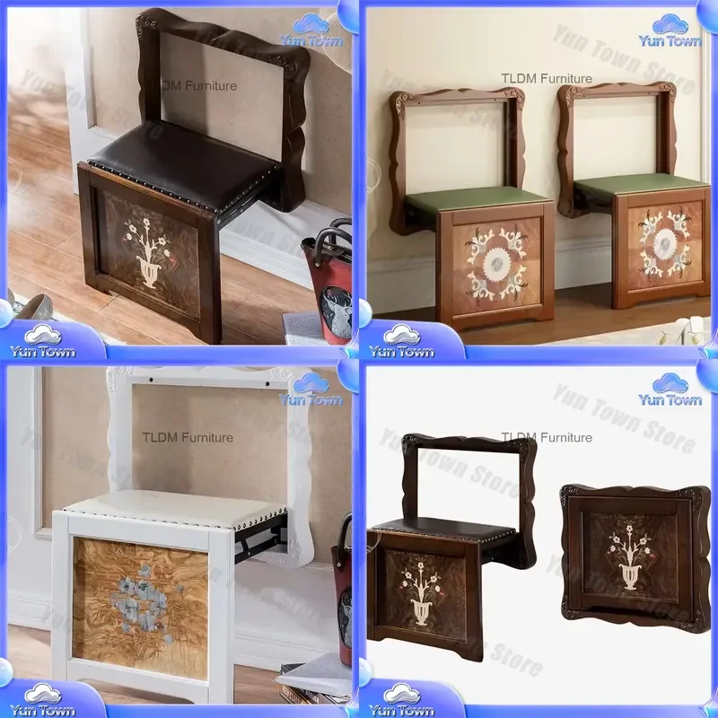 Retro Creative Wall Mounted Shower Seat Folding Bath Chair for American Shoe Changing Stool Household Porch Solid Wood Carved
