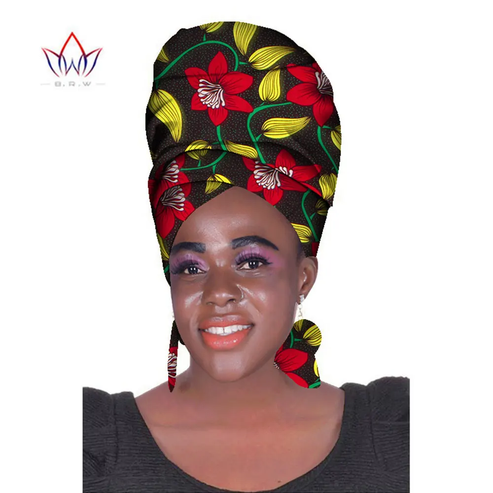 African Headtie Print Headwrap Ankara Wax Fabric 100% Cotton Scarf Kente Scarves And Earrings 2 Pieces Female Wyb483