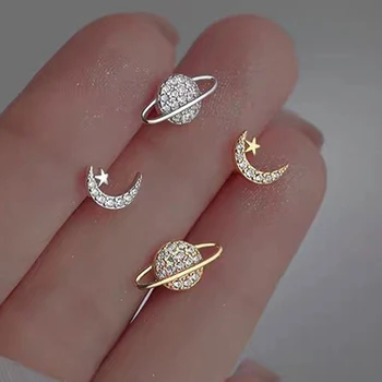 Błyszczące cyrkonie gwiazda księżyc planeta stadniny kolczyki dla kobiet dziewczynki złoty kolor srebrny małe kolczyki geometria asymetryczna biżuteria