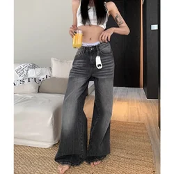 Czarne dżinsy damskie z wysokim stanem American Street Spodnie z szerokimi nogawkami Vintage Straight Baggy Casual Plus Size Mom Oversize Denim Trousers