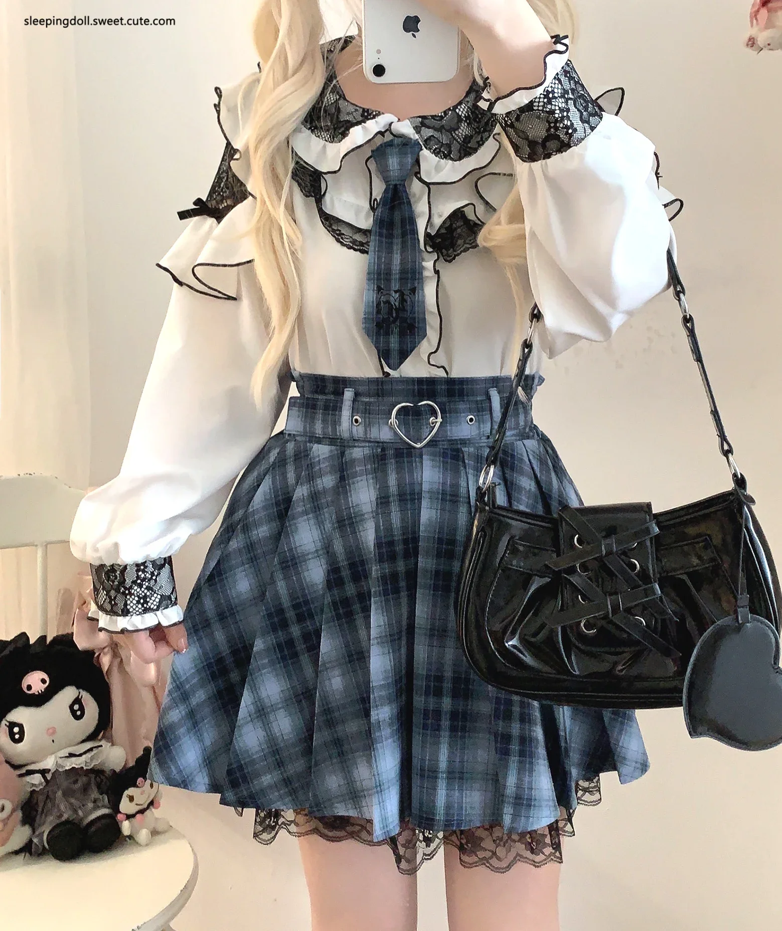 Camisa de manga comprida feminina, blusa doce Lolita, tops, renda folha de lótus, cor de contraste, estilo japonês