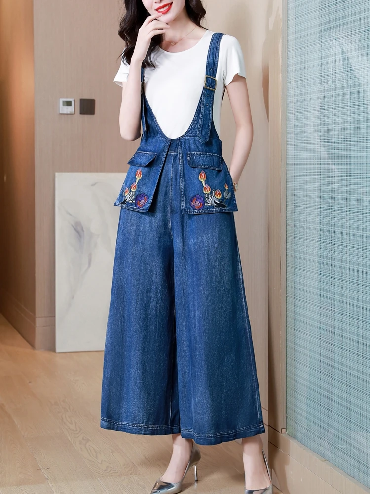 

TIYIHAILEY Free Shipping Sleeveless Women Wide Leg Denim Embroidery Jumpsuit And Rompers S-XL Thin Summer Trousers With Pockets