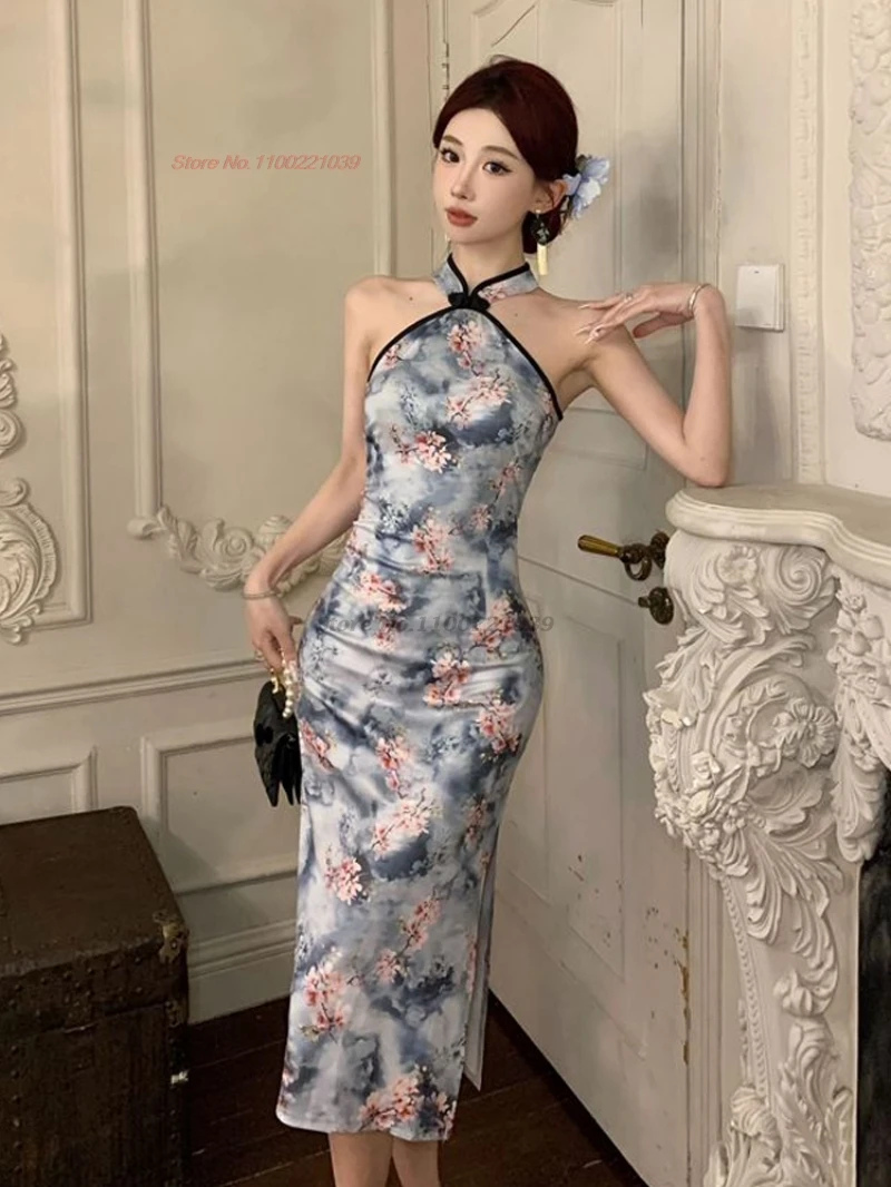 

2025 восточное винтажное платье для ночного клуба, улучшенное Cheongsam, традиционное платье без рукавов с цветочным принтом, Ципао, ретро, банкетное вечернее платье