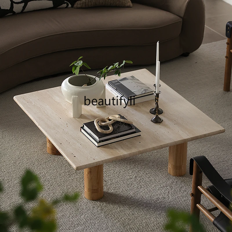 

Natural yellow cave stone tea table four square French villa living room marble medium ancient style niche stone table