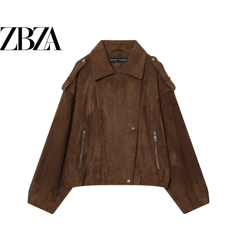 Loose Biker Style Faux Suede Effect Jacket Women's Outerwear Polyester Material Long Sleeve Zipper Closure No Hat Included