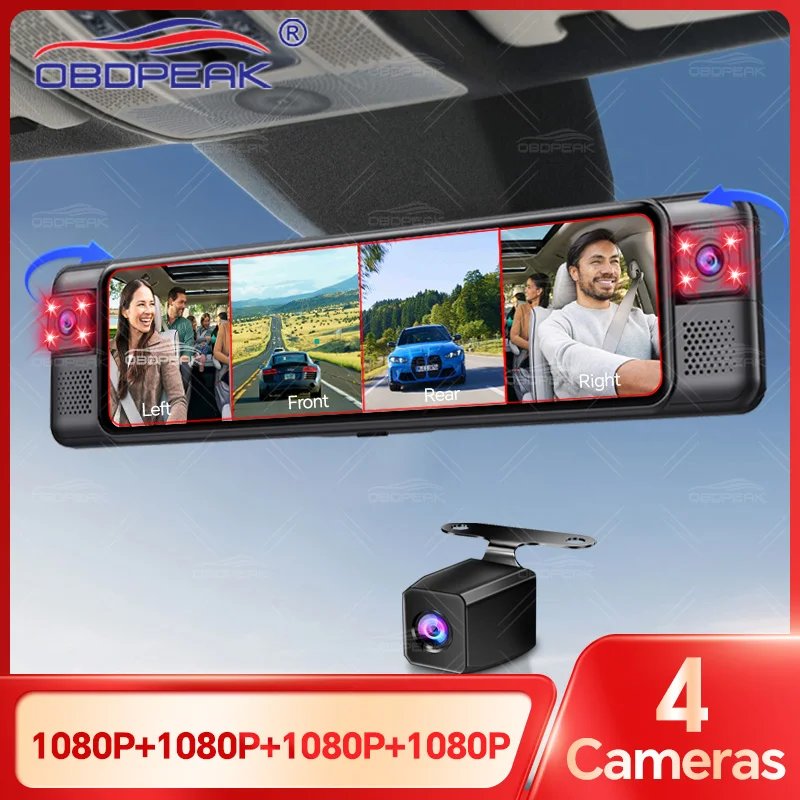 Caméra de rétroviseur OBDPEAK D75 4CH 11" 1080P 360° °   Caméra embarquée WiFi avec vision nocturne infrarouge, enregistreur vidéo de voiture DVR 24h/24