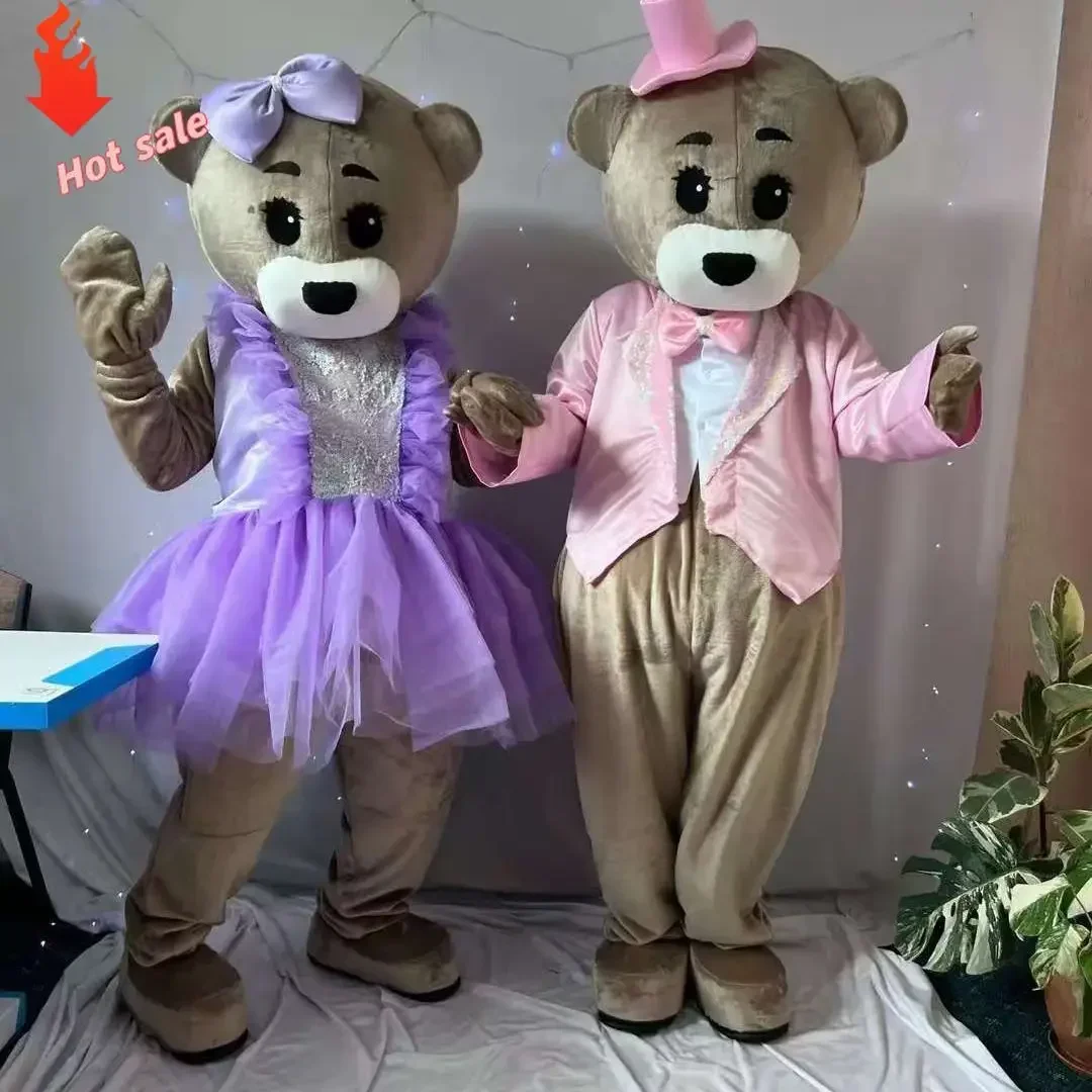 

Disney Couple Teddy Bear Mascot Costume Purple Dress Pink Suit Bear Outfits for Birthday Wedding Rave Party Halloween Adult