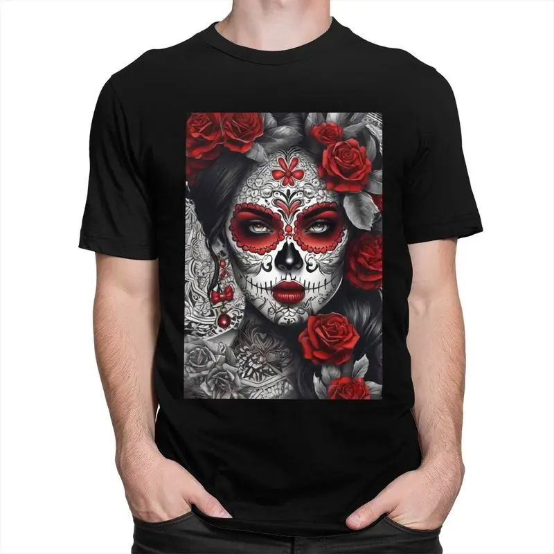 Custom Mexican Catrina Sugar Skull Lady Tshirt for Men Short Sleeves Casual T Shirt T-shirts Slim Fit Pure Cotton Tees Gift