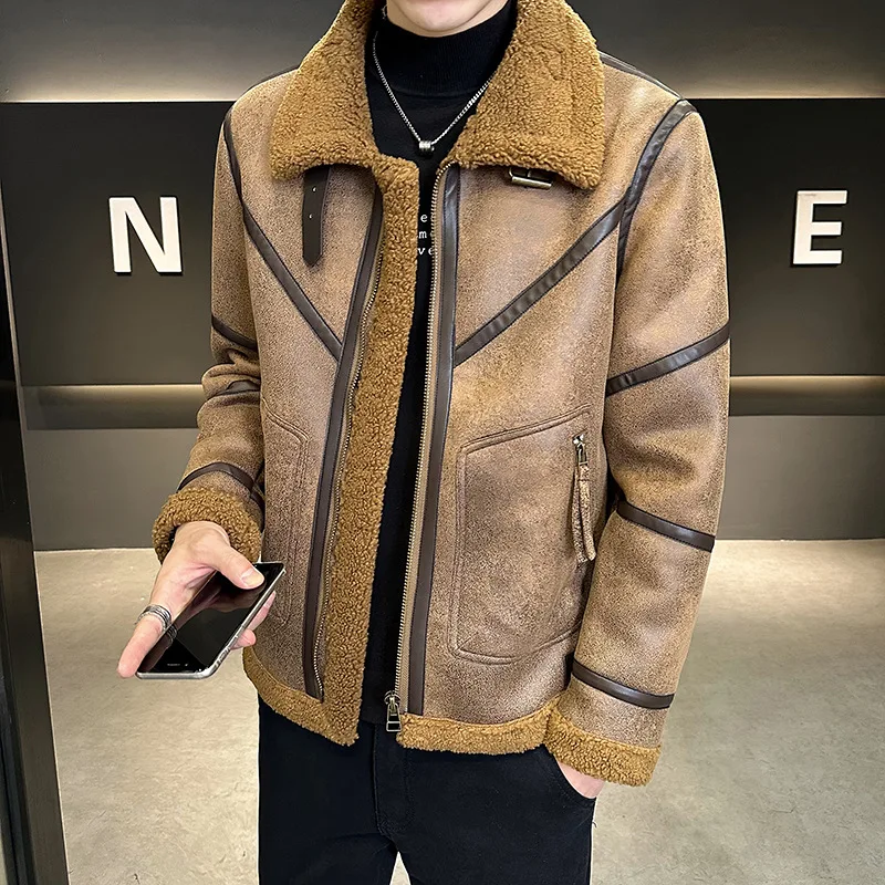 2023 Fur one coat for men new winter lamb fur lapel leather jacket for men motorcycle thickened jacket