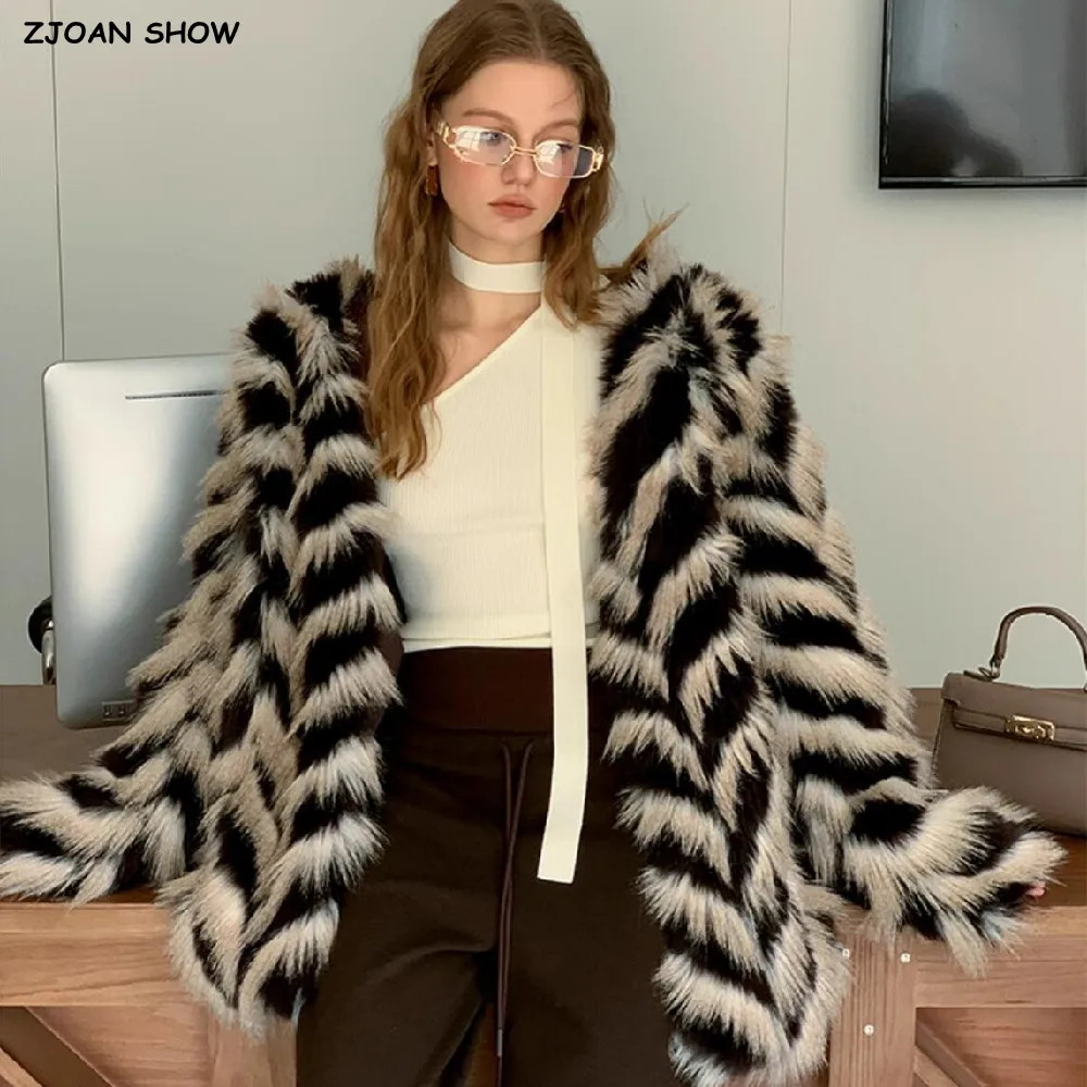 

2025 зимняя длинная волосатая куртка контрастного цвета с волнистыми полосками и лисьим мехом, женская теплая куртка из лохматолого искусственного меха с v-образным вырезом, свободная верхняя одежда