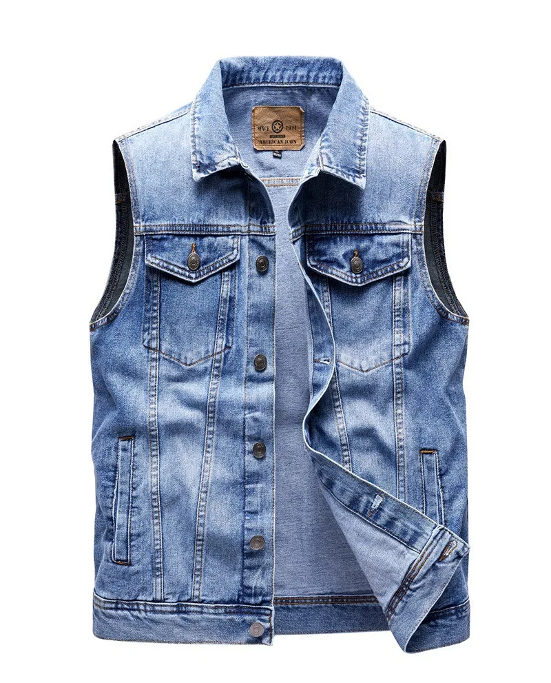 Men Vintage Washed Denim Vest Classic Lapel Sleeveless Jean Waistcoat Multi Pocket Button Up Casual Outerwear Jacket For Daily