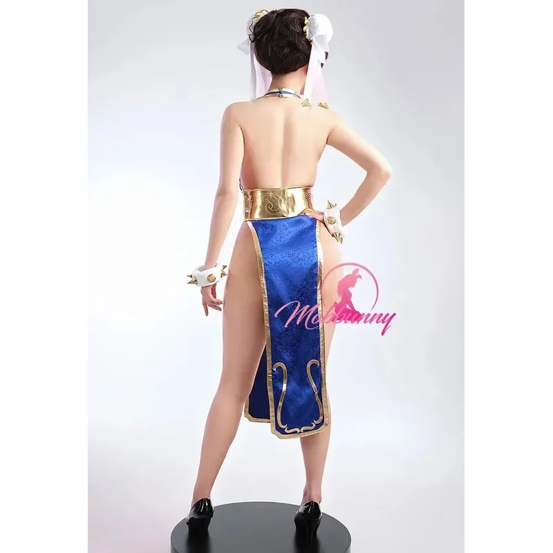 Mobbunny المرأة شيونغسام مثير مجموعة الملابس الداخلية تشون لي مشتق عميق الخامس عالية الشق فستان مع حلقات اليد حزام #6