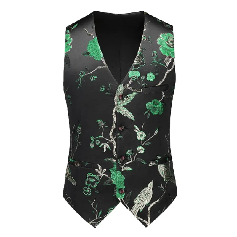 Rose Embroidered Sleeveless Vest Jacket Men\'s Single-breasted V-neck Vests Wedding Party Waistcoat Red Blue Green Gold M-5XL 6XL