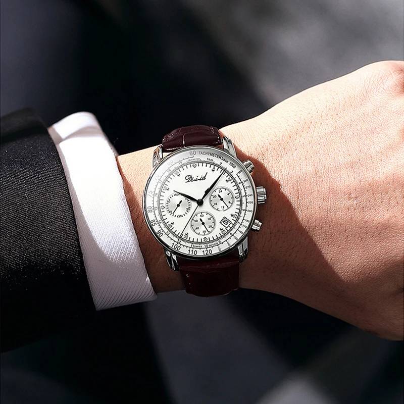 Men's Quartz Watch Digital Dial Hour Minute Second Hands Stainless Steel Case Genuine Leather Strap Fashion Wristwatch