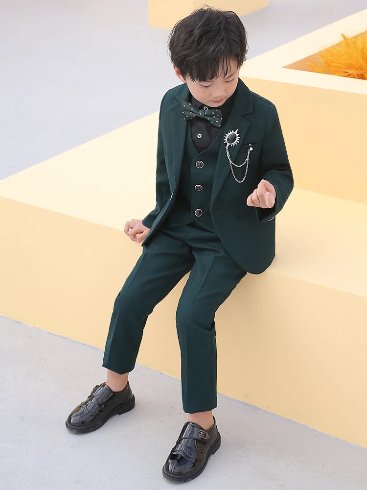 Children Dark Green Photograph Suit Flower Boys Formal Wedding Dress Kids Tuxedo Party Wear Teenager Graduation Birthday Costume