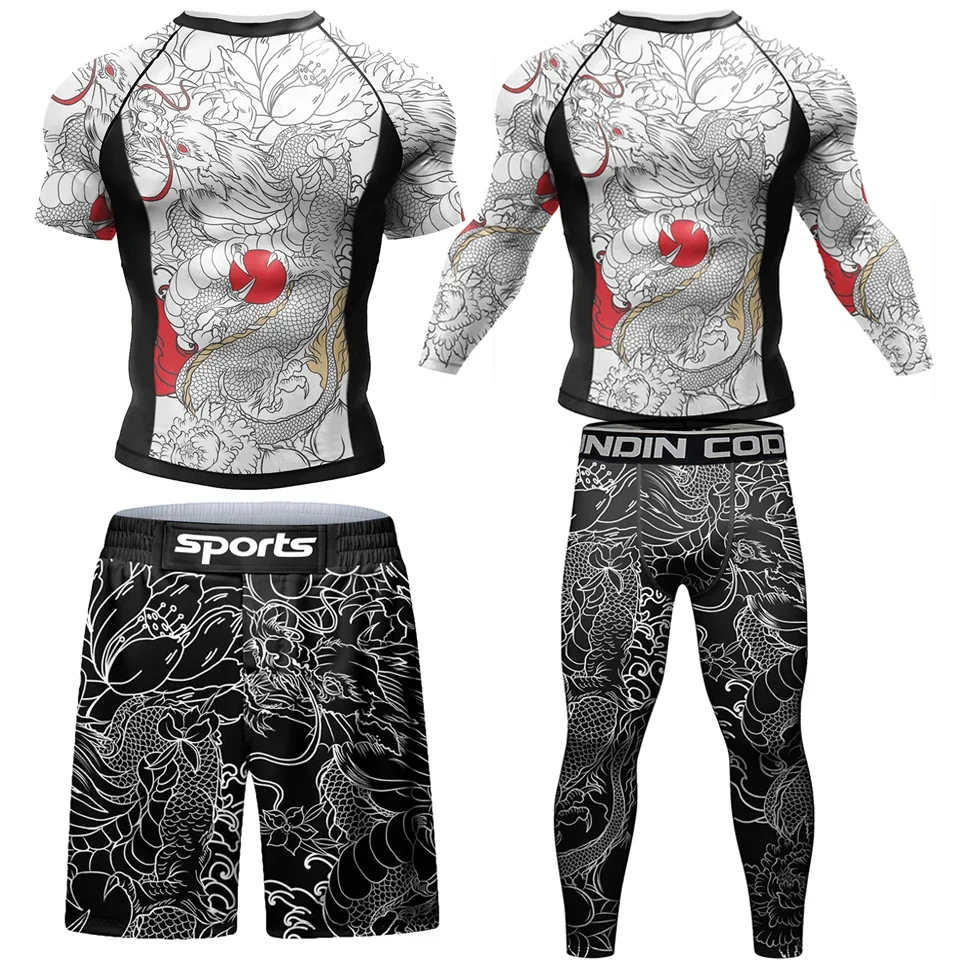 Uomo BJJ Rash Guard Jiu Jitsu t-shirt pantaloncini stampati a sublimazione Rashguard arti marziali boxe MMA abbigliamento Compression Wear Suit