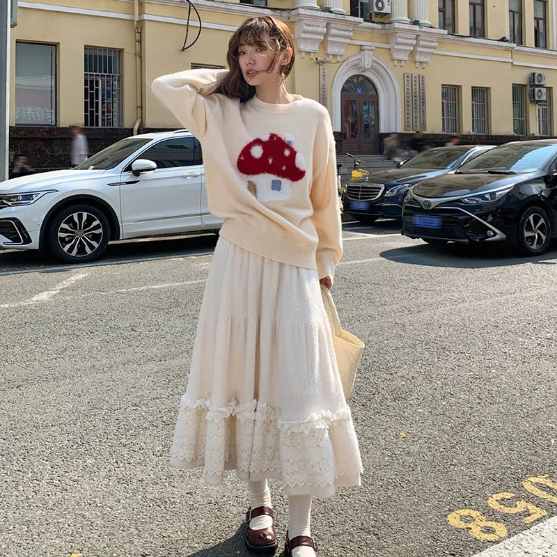 Japanese Sweet Midi Skirt Women Lace Patchwork High Waist Winter Chic Cake Skirts Cute Preppy Casual Aesthetic New Plush Skirt
