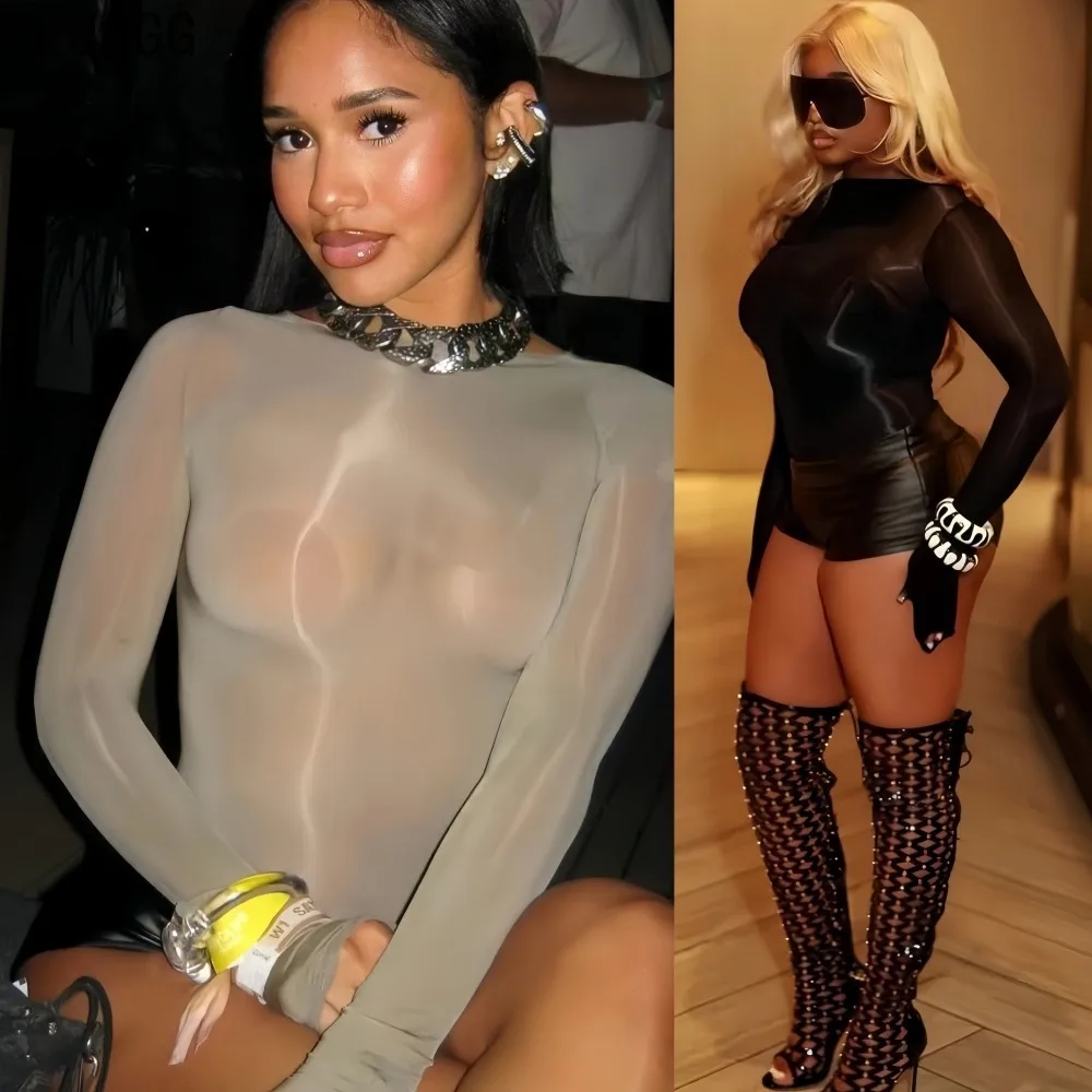 

HLJ&GG Spring New Sexy See Through Patchwork Bodycon Romper for Women Solid Color Long Sleeves Jumpsuits Female Party Clubwear