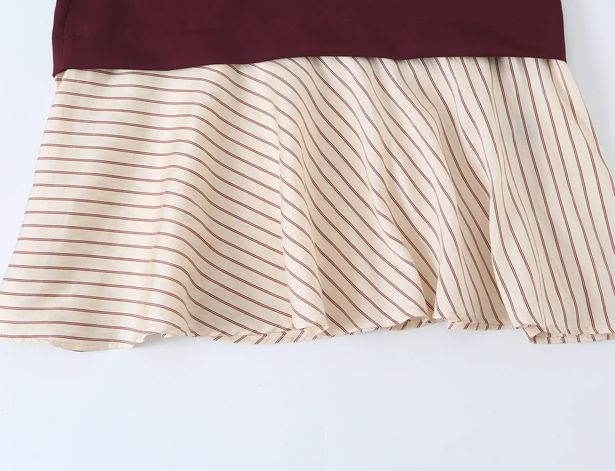 BSAY 2026 Herbst Halber Reißverschluss Stehkragen Patchwork-Kurzkleid Laternenärmel Tasche Kontraststreifen Rüschen Lockerer Kurzrock – Detail 7