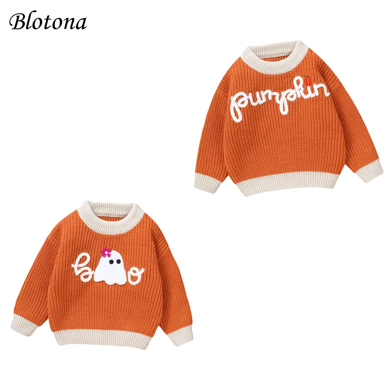 Blotona Baby Halloween Sweaters Long Sleeve Round Neck Ghost/Letter Embroidery Knitted Pullovers Autumn Winter Warm Casual Tops