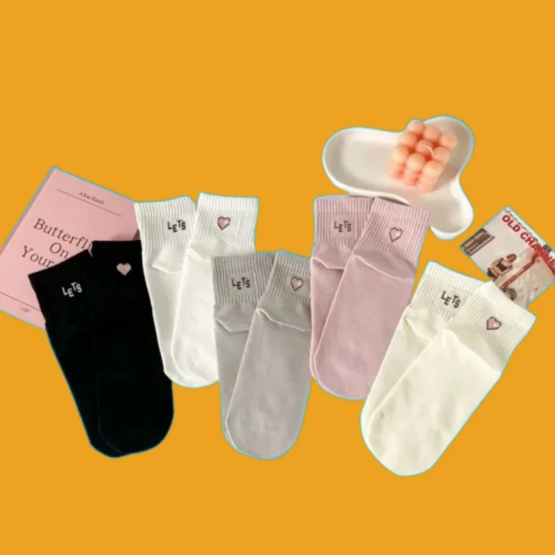 

5/10 Pairs Cotton Socks Spring and Autumn New Women's Socks 2024 Fashion Japanese Girls Socks White Love Breathable Short Socks