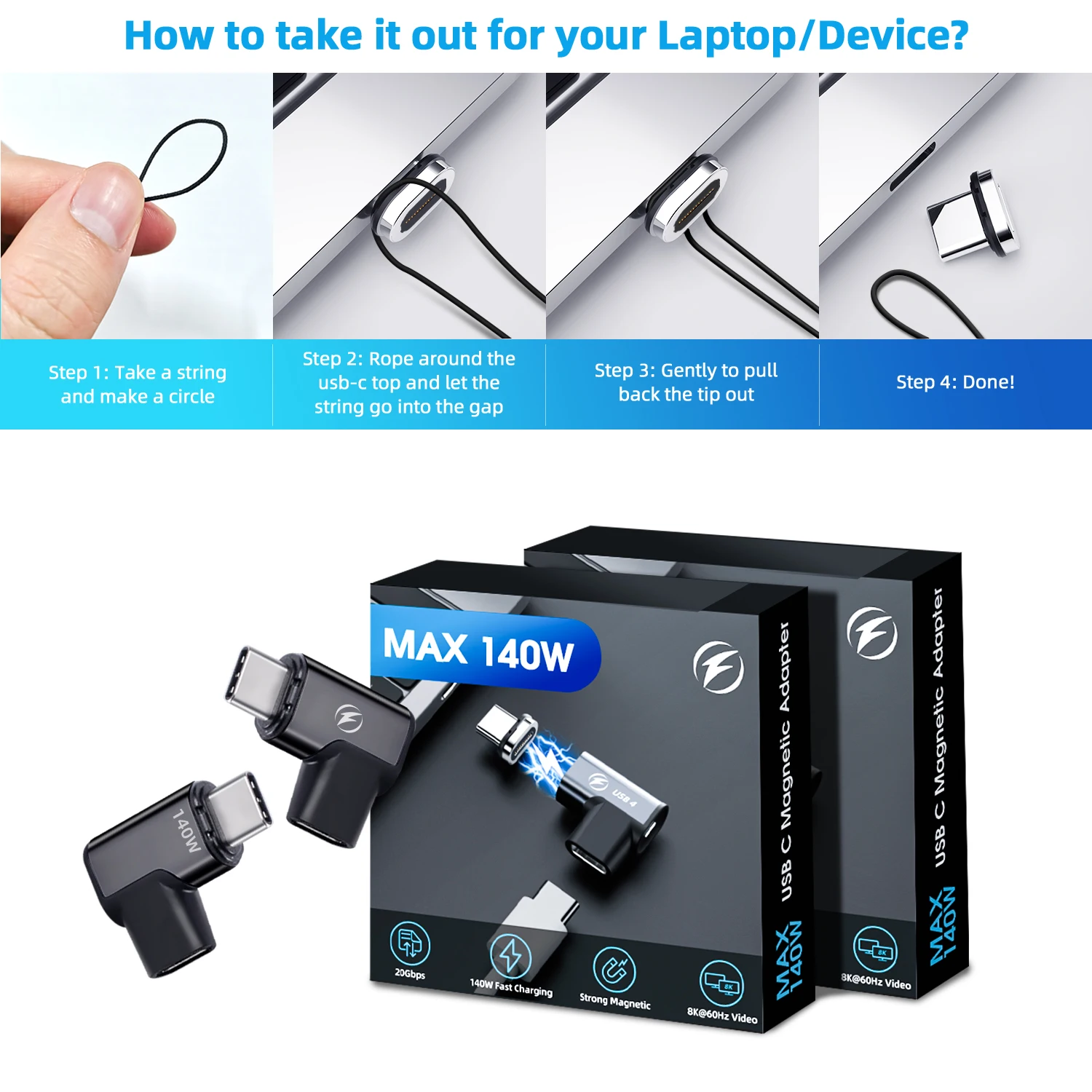 USB C to C 8K@60Hz データ転送 140W 20/40Gbps タイプ C アダプター急速充電 5A USB4.0 磁気コネクタタブレット携帯電話用