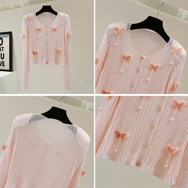 Embroidered Flares Ice Silk 2024 Summer Splicing Button Butterfly Embroidery Fashion Solid Slim Casual Long Sleeved Knitted Top