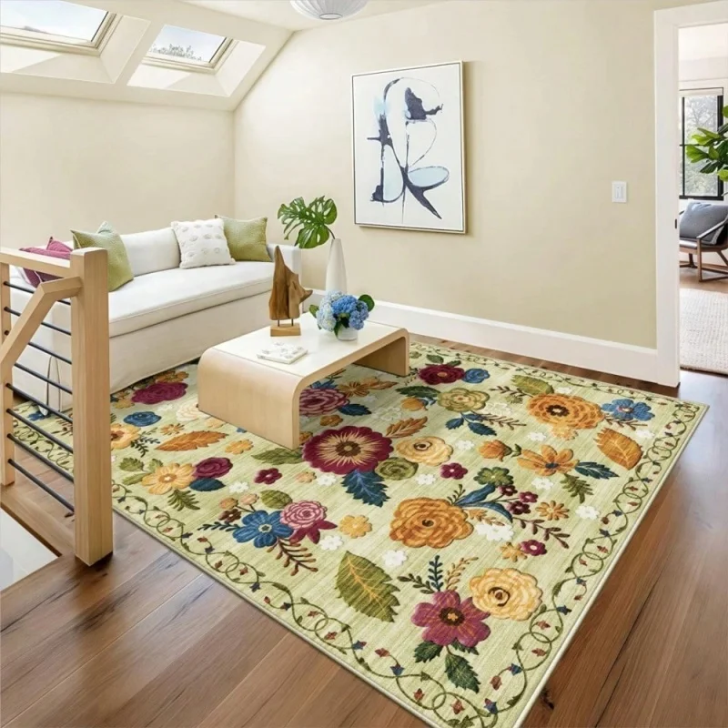 Multi-Color Retro Peony Wildflower Vine Light Base Print Large Area Rug Soft Flannel Non Slip Floor Carpet for Living Room
