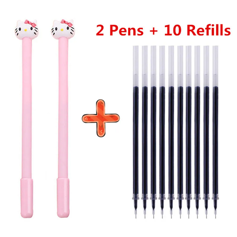 

2 Pens + 10 Refills Gel Pens 0.38mm Kitty Cute Cartoon Gilrs School Black Pens