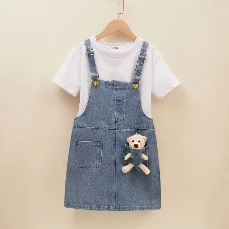 

2-8T Summer Sundress Sets Baby Girls Suspender Skirt Girls Dress Kids Straps Denim Dress Children Bear Cartoon Clothing Overalls