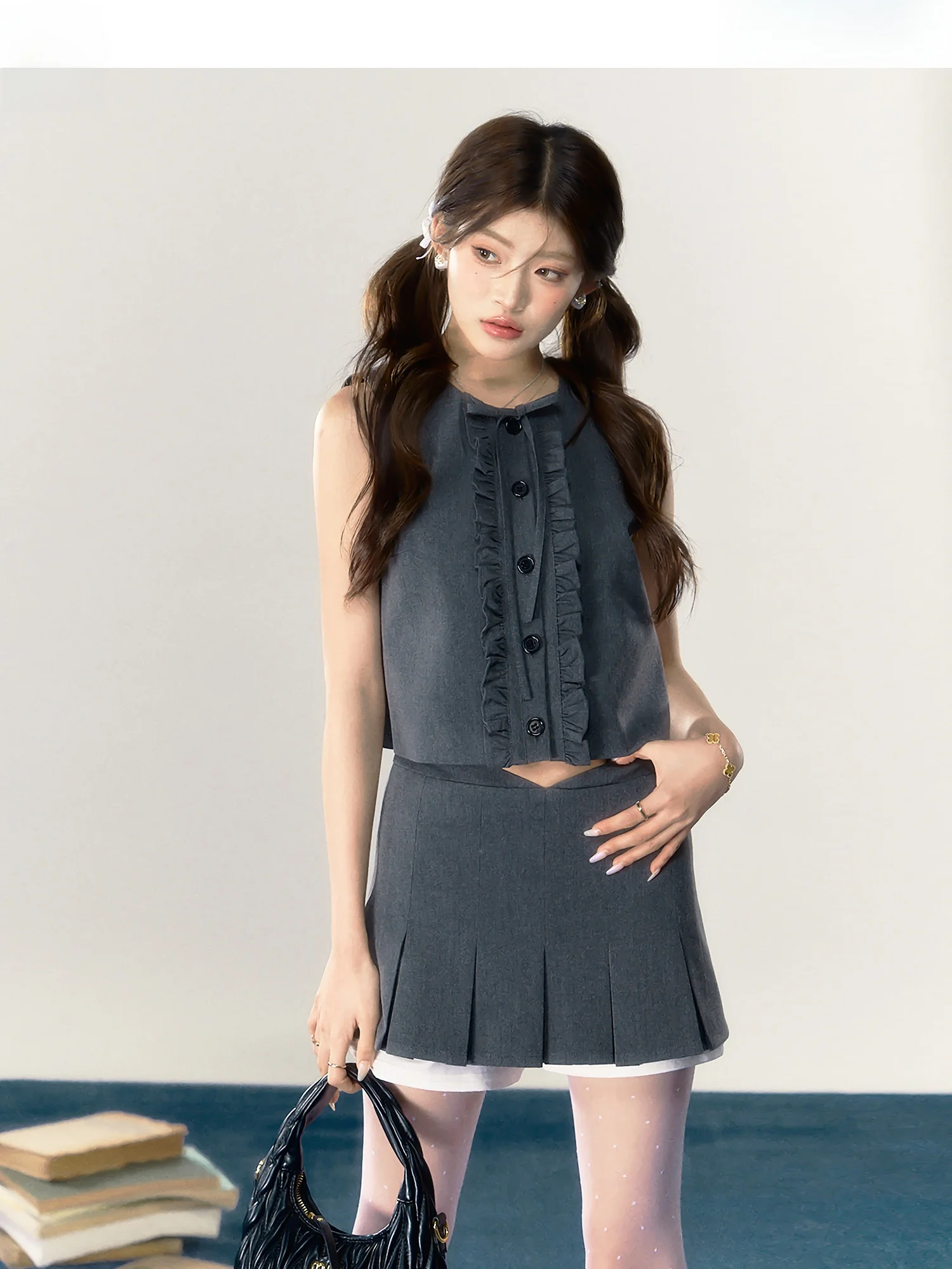 Gray Shirt And Skirt Set Women's College Style Spring Autumn Gathered Stand Collar Short Sleeve Top Half Skirt Ensemble