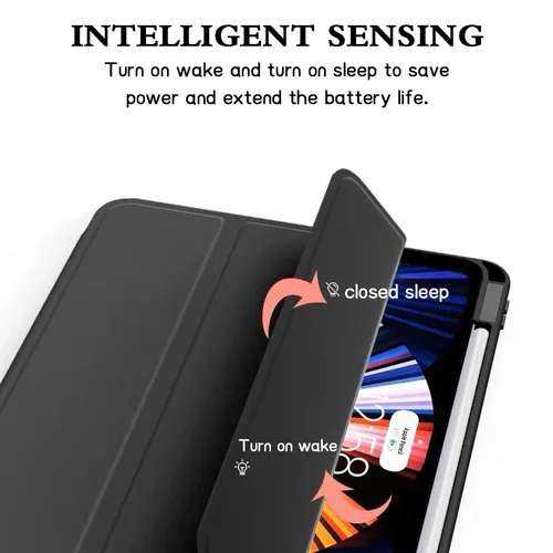 Imagen 2 del producto Para iPad 11.a, 10.a, 9a, 8, 7a, 6a y 5a generación, Air 6 5 4 Mini funda protectora híbrida con portalápices y apagado/encendido automático