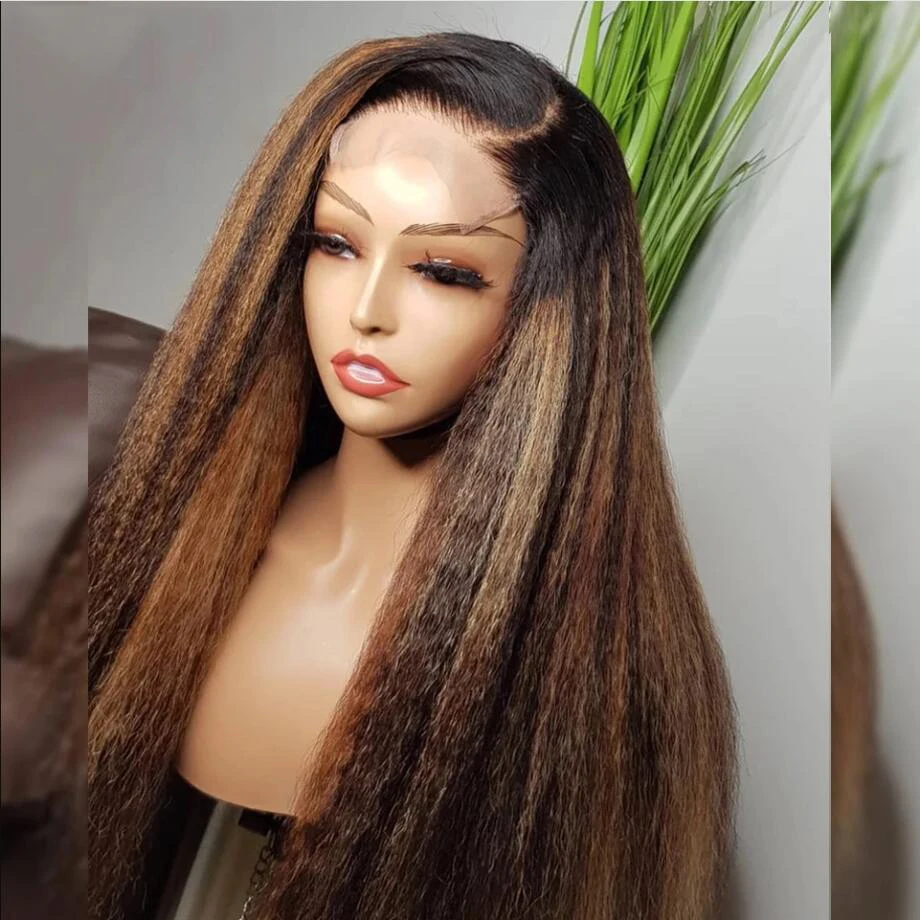 

Highlight Brown Soft Glueless Preplucked 28 inch Long 200% Density Yaki Kinky Straight Lace Front Wig For Black Women Baby Hair