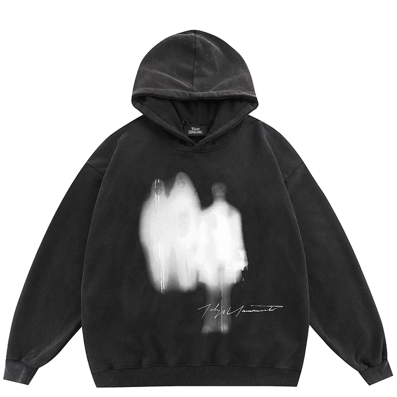 2024 Oversize Hoodie Sweatshirt Women Men Streetwear Face Ghost Shadow Graphic Harajuku Retro Washed Black Hooded Pullover Y2K