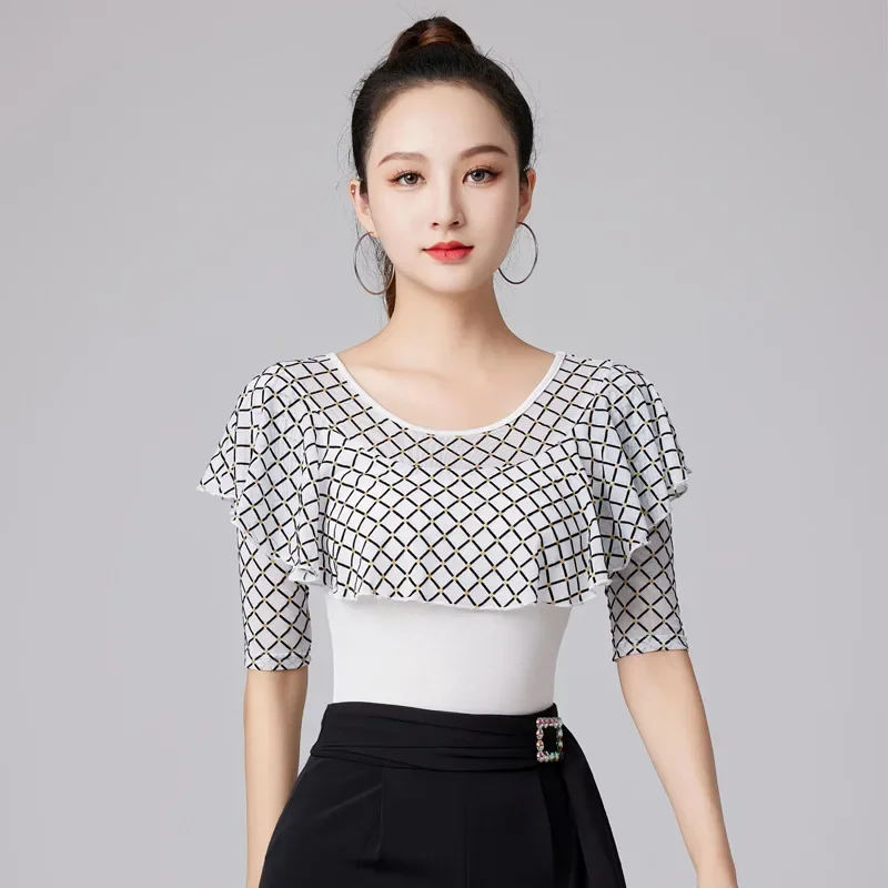 

New Mesh Patchwork Latin Dance Wear Women Tops Practice Woman Black White Costume Samba Sports Rhinestones Ruffle Belly T-shirt