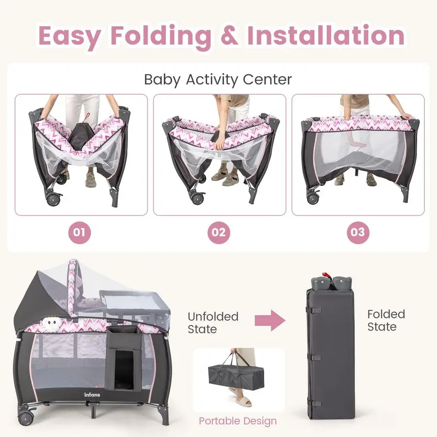 عبوة ولعب 4 في 1، لعبة أطفال محمولة للسفر مع سرير، طاولة تغيير، مظلة، ناموسية، ألعاب معلقة، صندوق تشغيل الموسيقى،