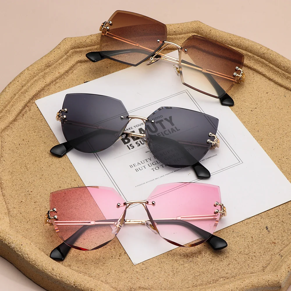 Óculos Gradiente Frameless para Mulheres, Metal Óculos De Sol, Cat Eye, Rimless Shades