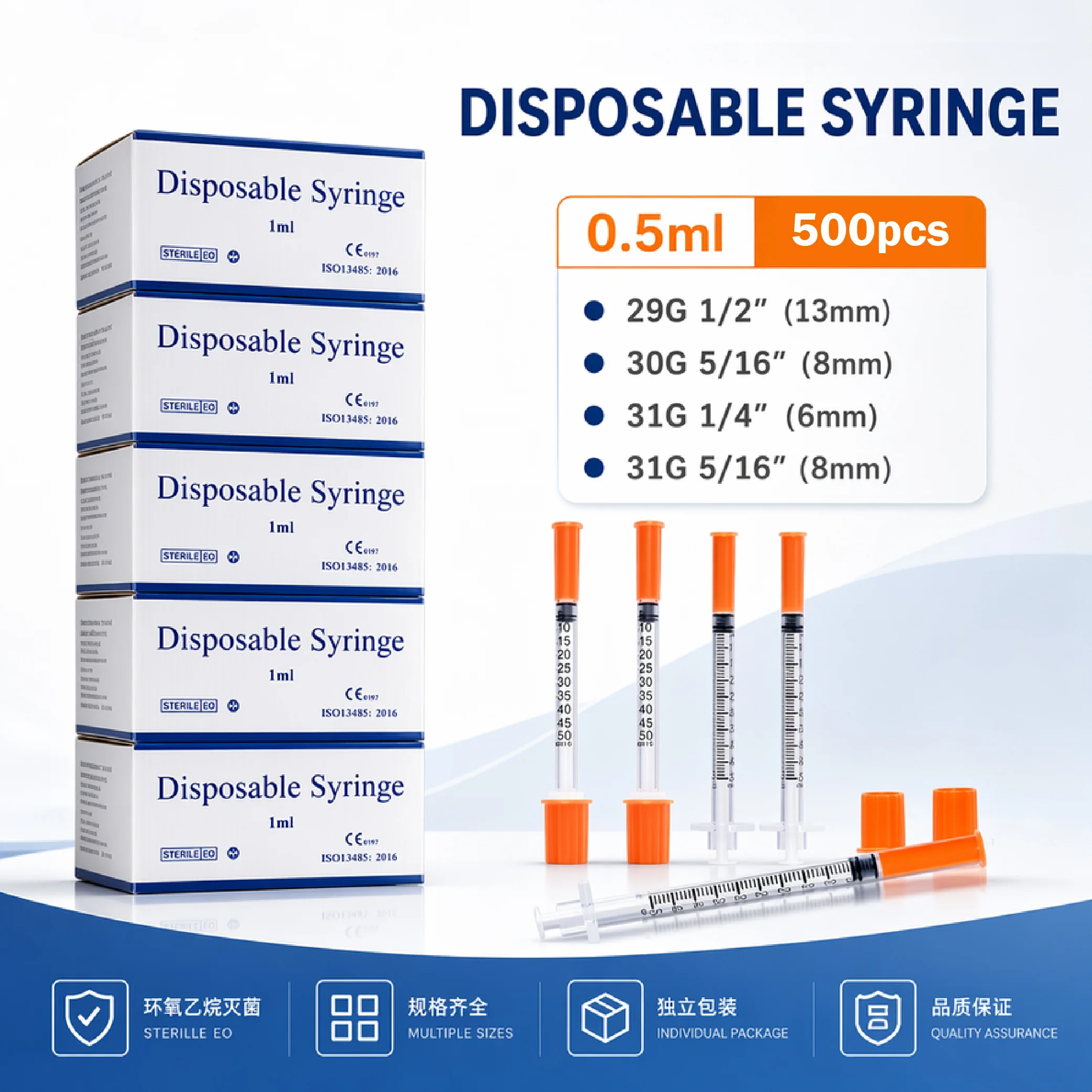 500pcs 0.5ml 50 Units Disposable Insulin Syringe Various Sizes 29G/30G/31G Individually Packed for Lab, Pets Feeding