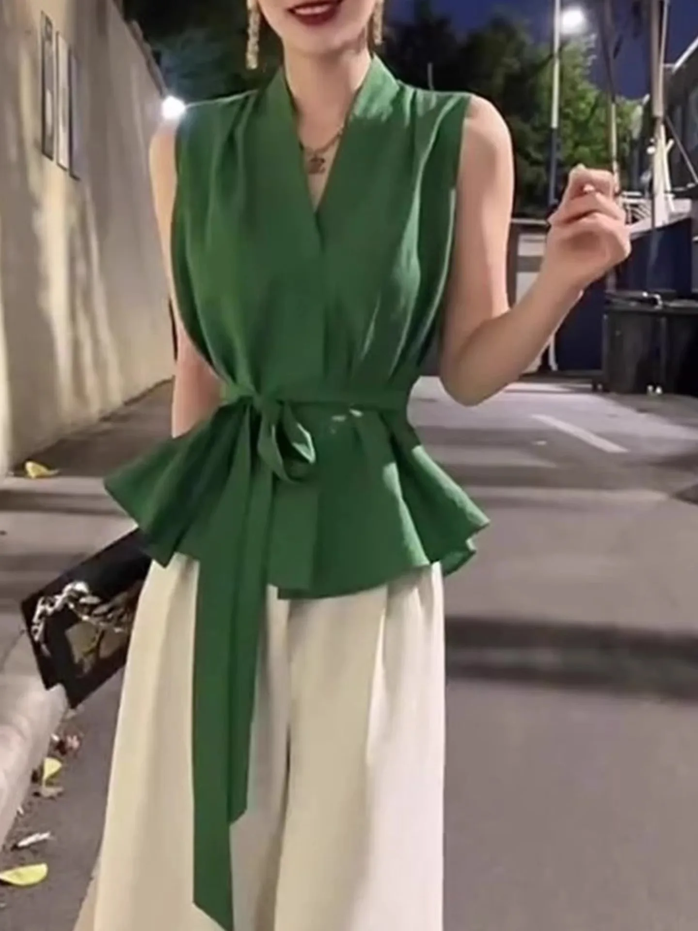 

Versatile V-Ne Design Pure Color Belted Waist ular Commute Top Anti-Aging Summer Small irt Ele Women's Blouse