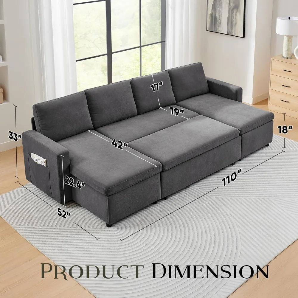 Lounge Soft Futon Sofa With Double Storage Chaise 110 Inch Oversize - 2 in 1 Pull-Out Convertible Sofa Bed Home Furniture Sofas