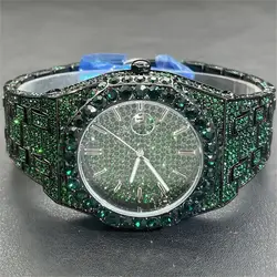 2024 New Hip Hop Men's Green Watch Fashion Iced Out Quartz Wristwatch Luxury Big Diamond Bling Wristwatch Man Reloj Dropshipping