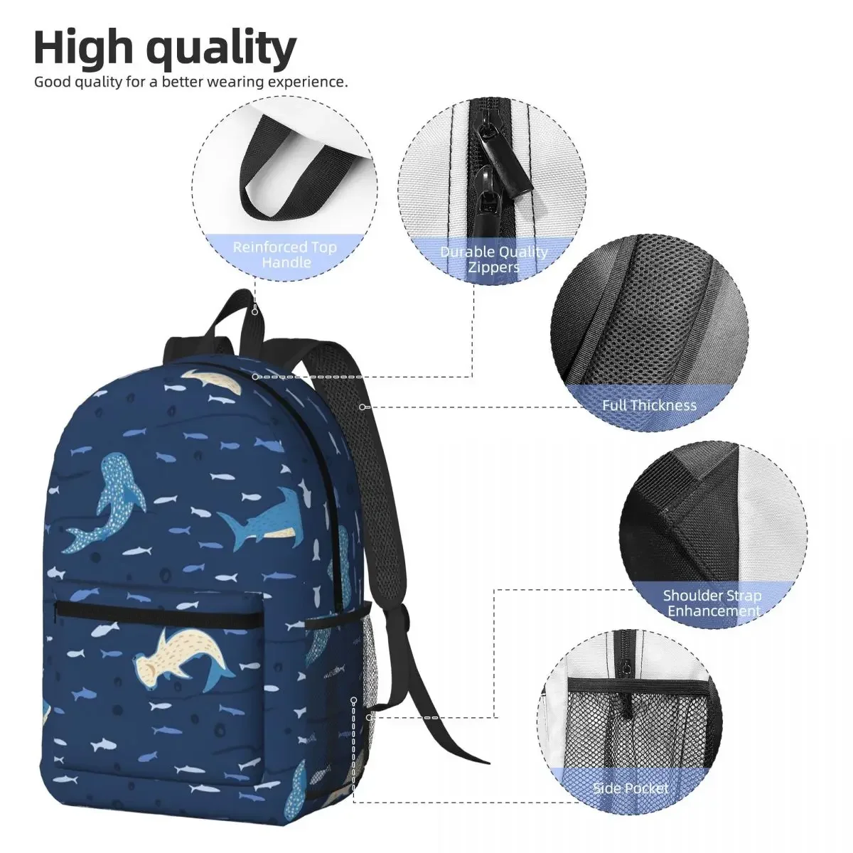 Blue Cartoon Shark Animal Pattern Backpack Student BookBag Kids School Bag Laptop Shoulder Bags for Men Women