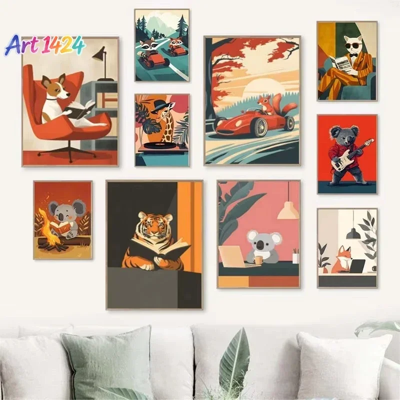 1pc frameless Funny Animals Reading Driving Poster Cute Squirrel Koala Dog Cat Drinking Coffee Canvas  Wall Art for Room