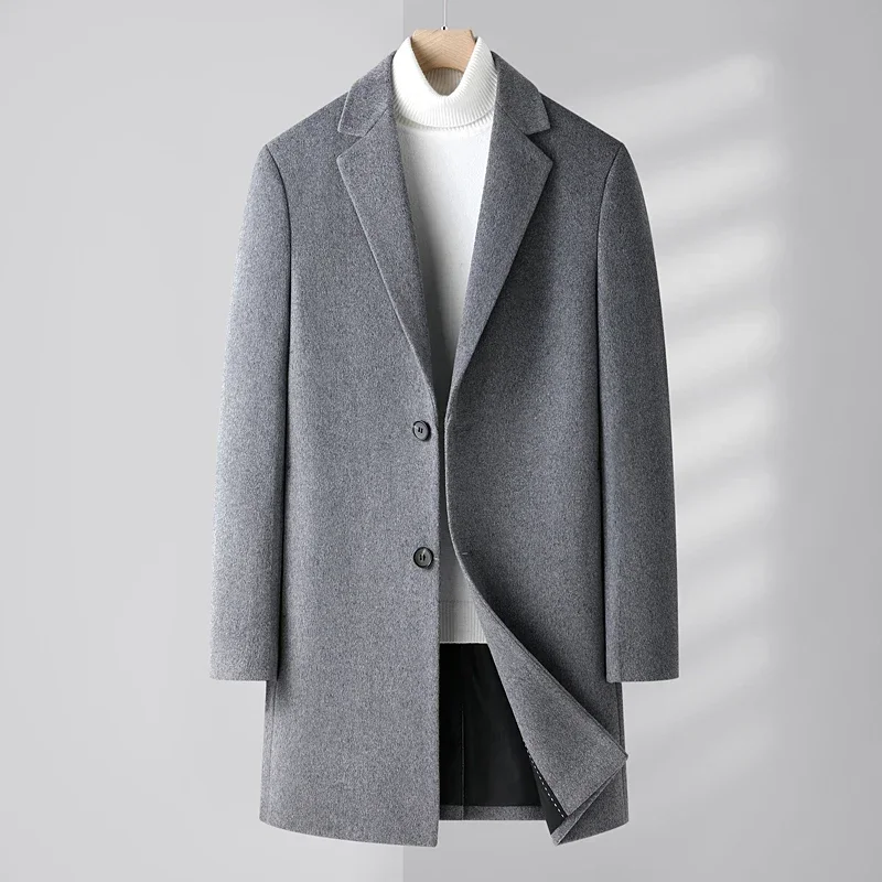 

New Men's Fashion Cashmere Elegant Gentleman Solid Color British Style Business Slim Casual Wool Coat Medium Long Wool Coat